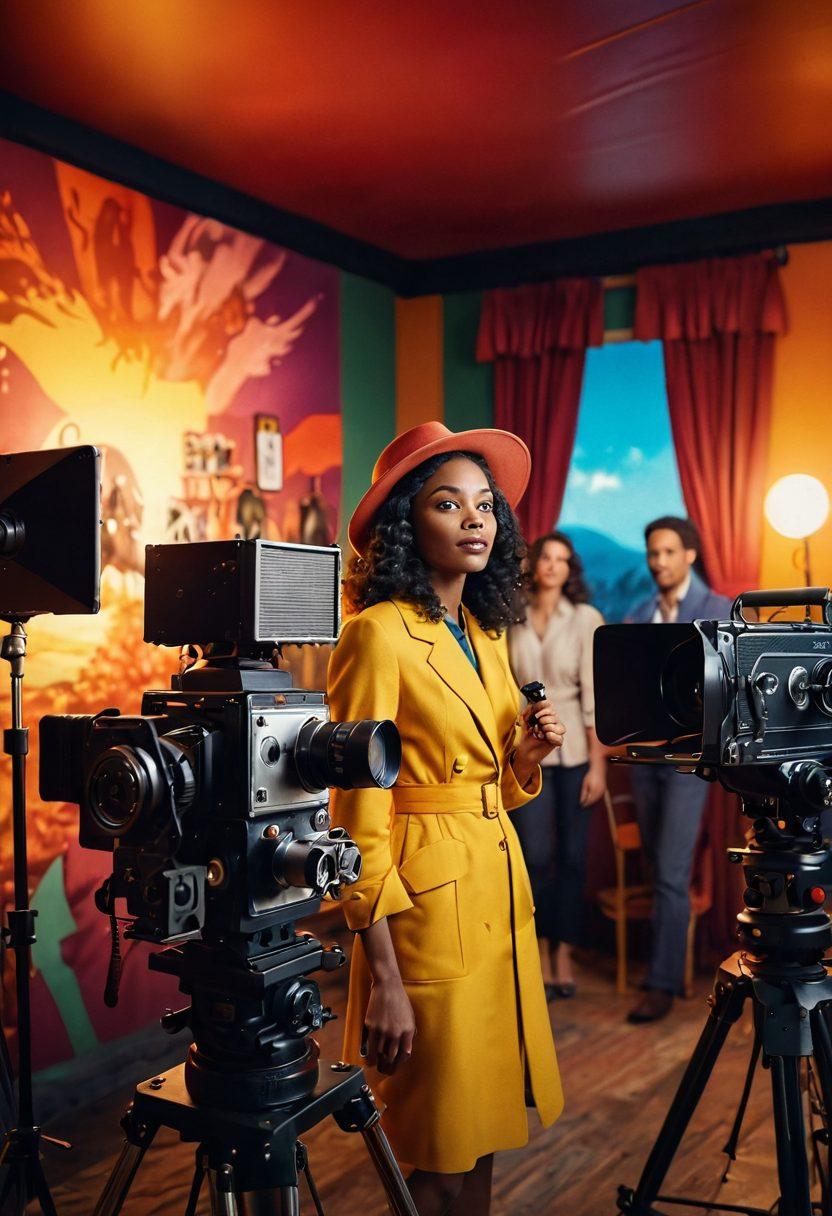 A filmmaker capturing a vibrant scene on set with diverse actors, bright lighting, and colorful props, surrounded by vintage film equipment. The backdrop features a dreamy landscape, showcasing the essence of storytelling in cinema. Emphasize creativity and joy through warm colors and expressive facial expressions. super-realistic. vibrant colors. cinematic style.