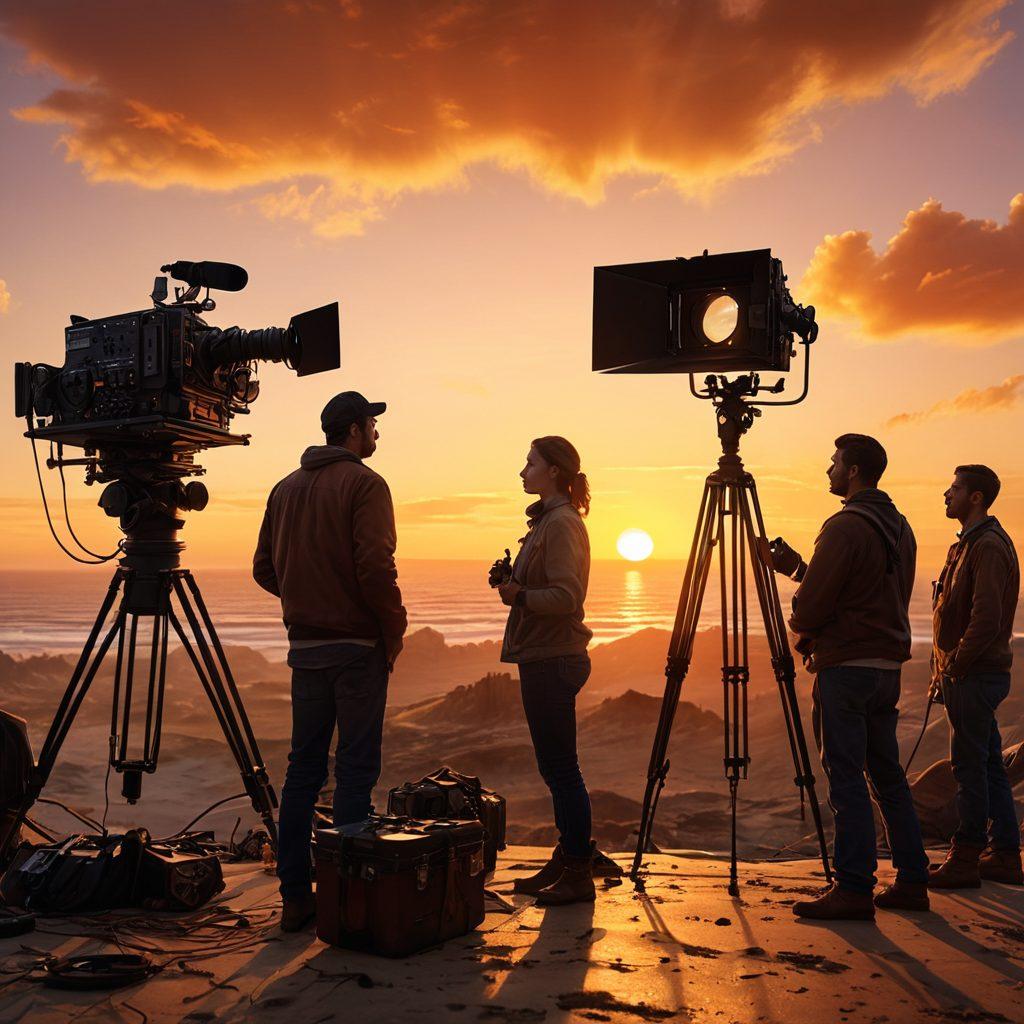 A film set featuring a cinematographer capturing a poignant scene with expressive lighting and dynamic camera angles, surrounded by crew members discussing emotional impact, showcasing various film equipment. The background displays a beautiful sunset, enhancing the emotional depth of the scene. The image conveys a sense of teamwork and artistry in film-making. super-realistic. vibrant colors. 3D.