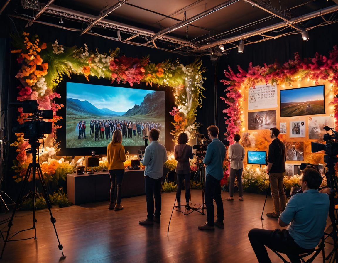 A vibrant film set with a diverse group of filmmakers collaborating around a large story board, surrounded by cameras, lighting equipment, and blooming flowers symbolizing joy. In the background, a large screen displaying a heartwarming movie scene captures the essence of storytelling. Soft warm lighting creates an inviting atmosphere. cinematic art style. bright colors. 3D.